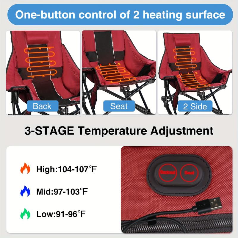 Extra-Large Heated Rocking Chair for Camping - Ergonomic, 3 Heat Settings, Durable & Portable with Carry Bag - Ideal for Patios, Lawns, Picnics (Power Bank Not Included)