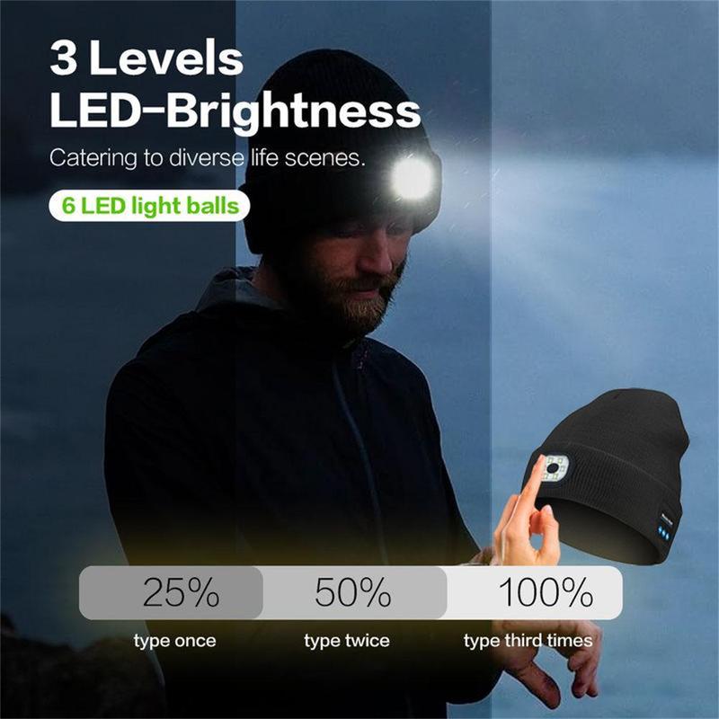 Bluetooth Beanie with LED Headlights & Removable Speakers, USB Rechargeable Knit Warm Winter Hat Balaclava Hat for Music and Calling Sport, Outdoor, Unisex Thanksgiving Gift