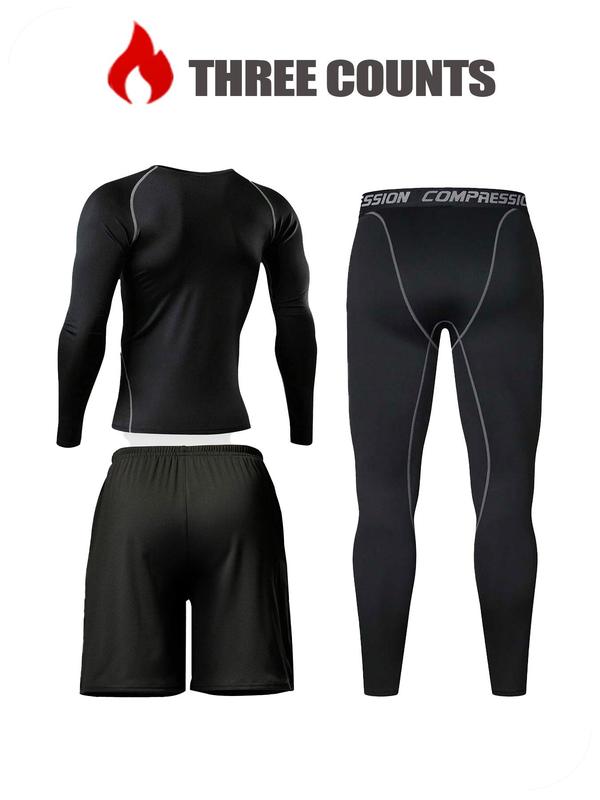 Men's Long Sleeve Compression Top & Leggings & Sports Shorts Three-Piece Set, Breathable Quick Drying Compression Top & Leggings & Sports Shorts, Men's Sportswear Set for Running Basketball Cycling