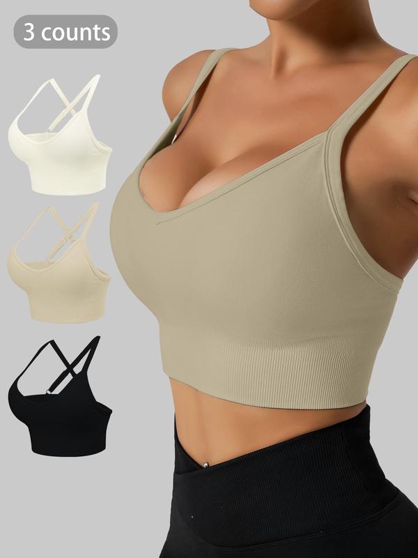 Women's Solid Backless Wireless Sports Bra,  Criss Cross Adjustable Strap Sports Bra for Workout Gym Yoga, Ladies Sportswear for Indoor Outdoor Wear