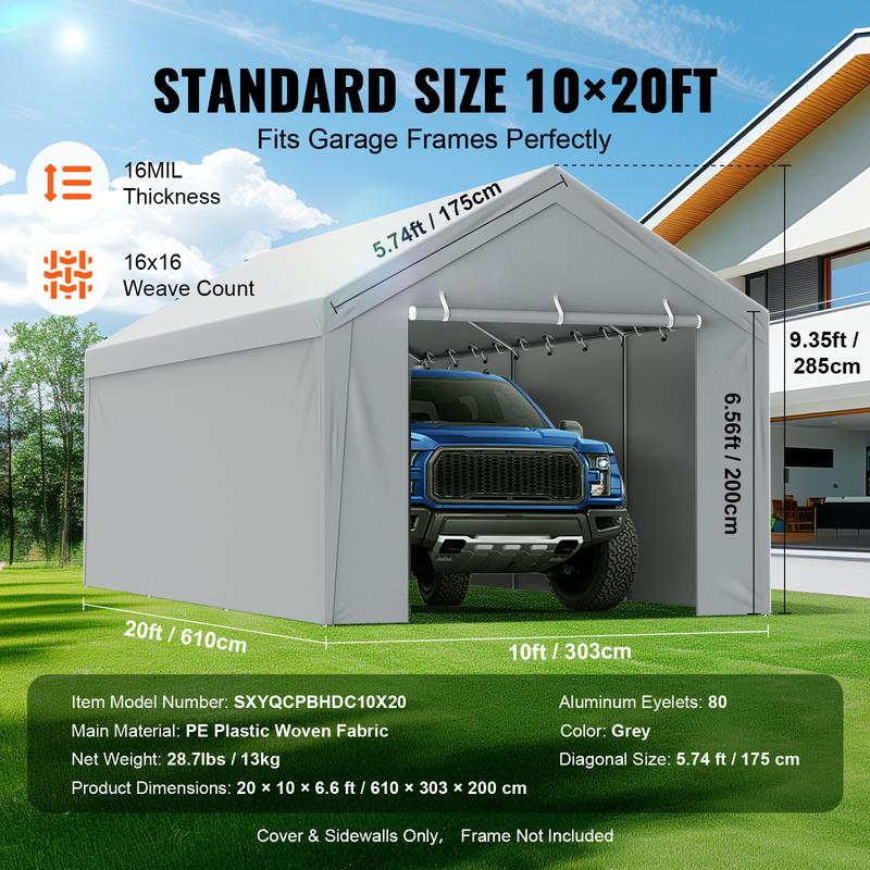 VEVOR Carport Replacement Canopy Cover Top + Side Wall 10 x 20 ft, Garage Tent Shelter Tarp Heavy-Duty Waterproof & UV Protected, Easy Installation with Ball Bungees,White (Frame Not Included)