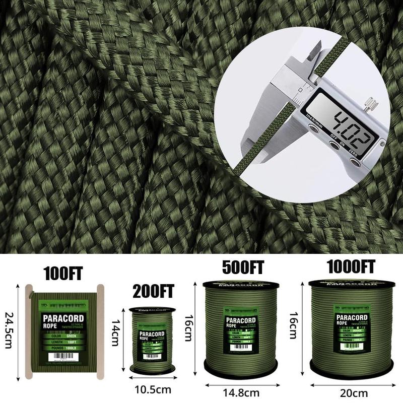 1000Ib Paracord - 50ft   100ft   200ft   4mm, 12 Strand Parachute Spool Cord for Camping, Hammocks, Clothesline, Hiking, Fishing, etc.