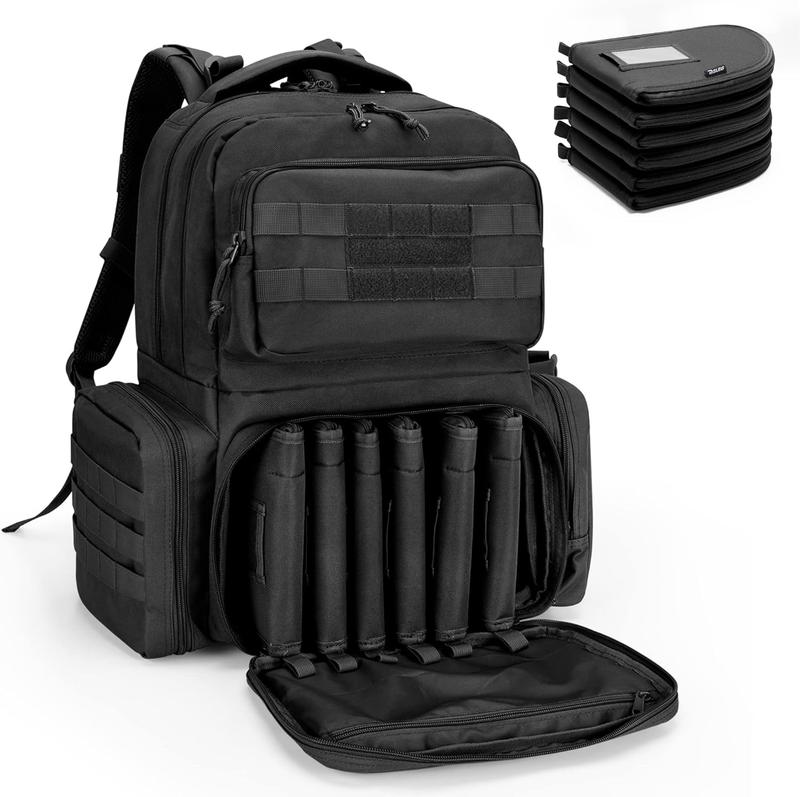 Tactical Pistol Backpack with 6 Pistol Cases, Gun Range Backpack with 10x Magazine Slots for Shooting and Hunting, Black