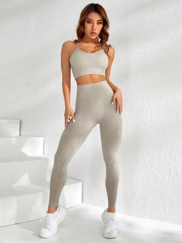 Two-piece Set Women's Solid Criss Cross Backless Crop Tank Top & High Waist Leggings Tracksuit Set, Sporty Casual Breathable Outfits for Yoga Gym Workout Running, Ladies Sportswear for All Seasons, Fall Outfits, Fallfreshness