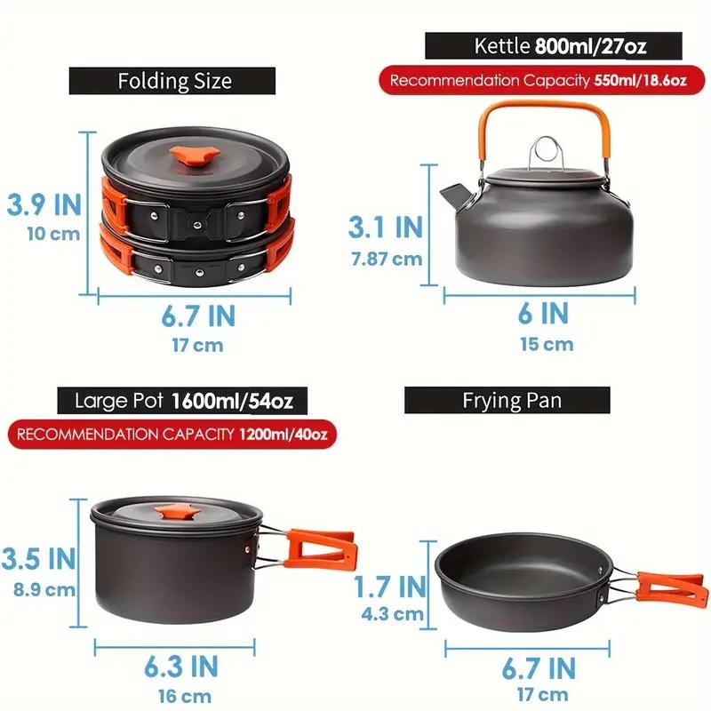 Camping Cooking Cookware Mess Kit - Non-Stick Lightweight Pot Pan Kettle Set with Collapsible Pour Over Coffee Dripper, Outdoor Kitchen Cook Essentials Gear for Camping Hiking Picnic camping stove