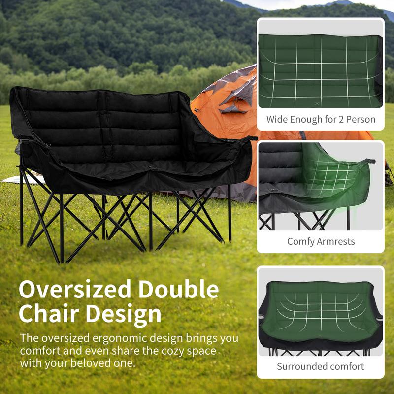 LILYPELLE 2 Person Camping Chair, XXXL Oversized Loveseat Camping Chair, Double Camping Chairs for Adults Heavy Duty Camping Couch Black Outdoor Folding Chair Portable Lawn Chair Patio Chair