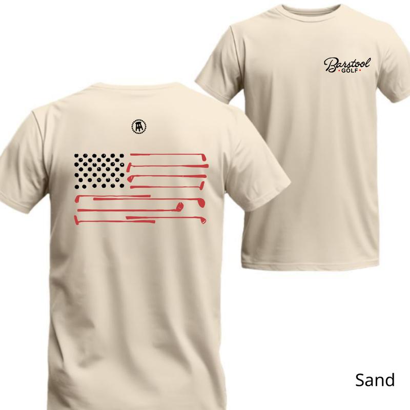 Barstool Golf T-Shirt - American Flag with Golf Clubs Graphic, Energetic Style, Ideal for Fans of Golf and Classic American Look. Menswear