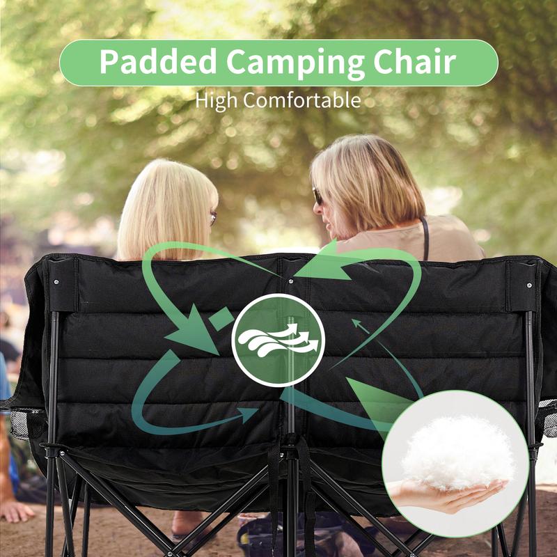 LILYPELLE 2 Person Camping Chair, XXXL Oversized Loveseat Camping Chair, Double Camping Chairs for Adults Heavy Duty Camping Couch Black Outdoor Folding Chair Portable Lawn Chair Patio Chair