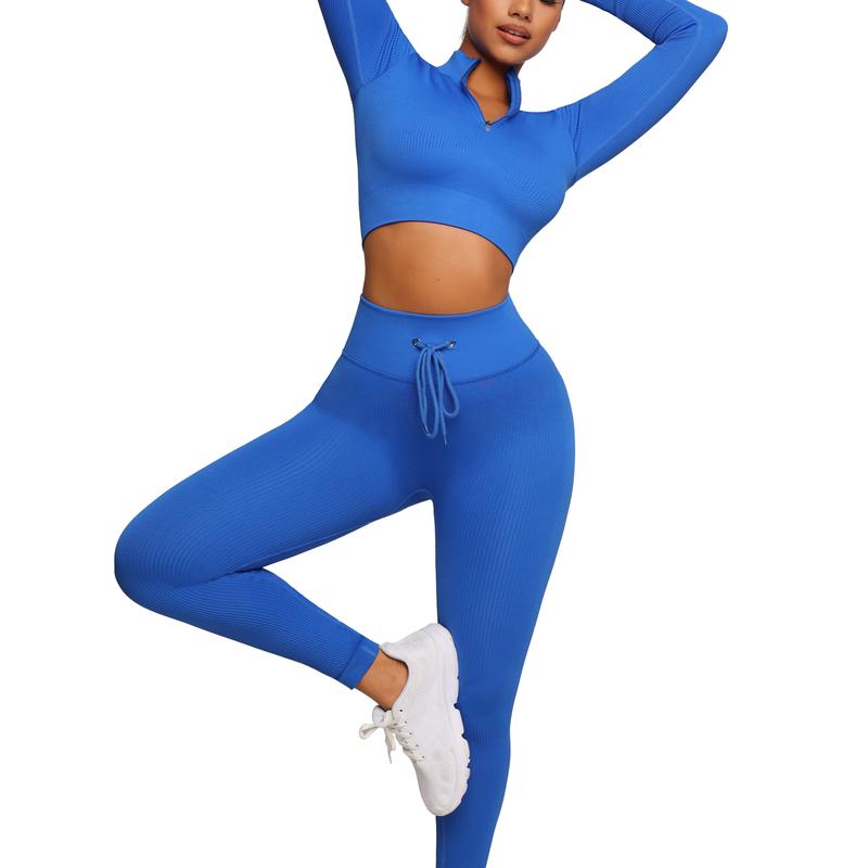 FeelinGirl Seamless Long Sleeve Sportswear Set Workout Set Crop Top  Leggings