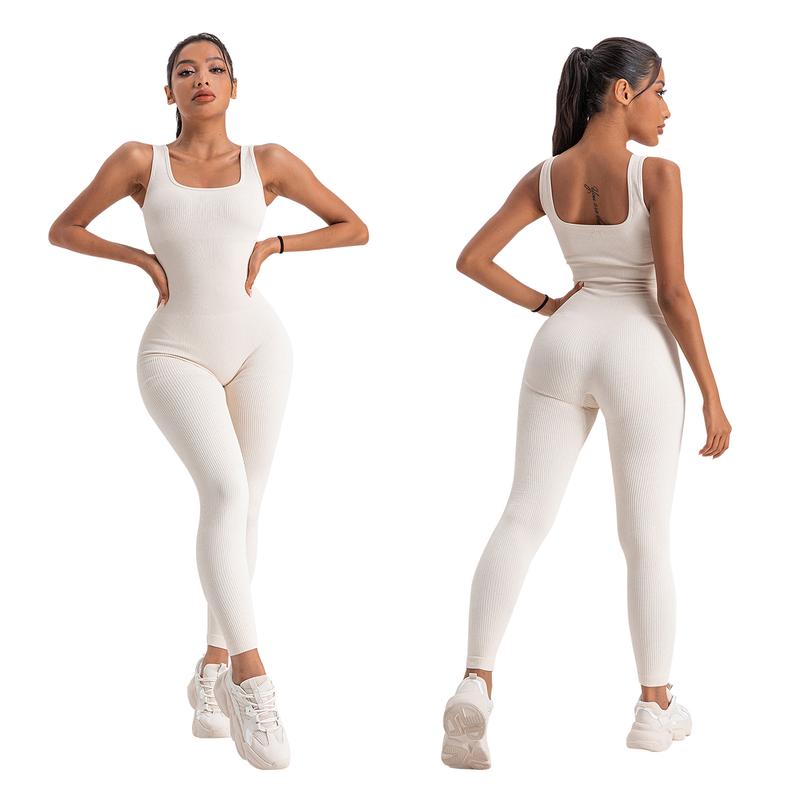 Women's Seamless Ribbed Square Neck Jumpsuit - One Piece Sleeveless Romper for Yoga, Workout, and Sexy Tank Top