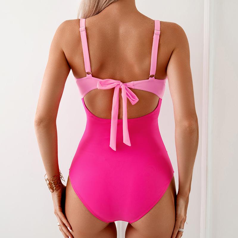 Aprilake Women's V Neck Tied Cutout Contrast Classic One-Piece Swimsuit