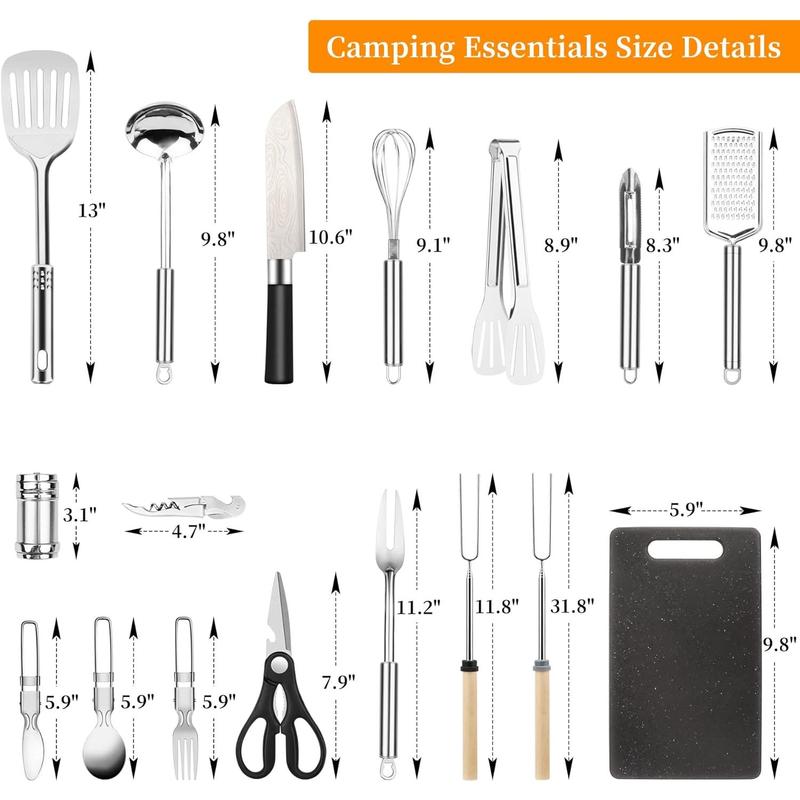 Camping Cooking Utensils Set, Stainless Steel Grill Tools, Camping BBQ Cookware Gear and Equipment for Travel Tenting RV Van Picnic Portable Kitchen Essentials Accessories - Black-28 PCS