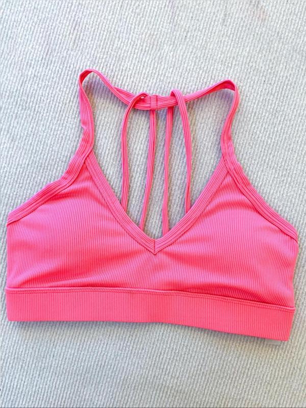 Women's Solid Wireless Ribbed Sports Bra, Breathable Comfortable Adjustable Strap Bra, Ladies Sportswear for Indoor Outdoor Wear, Gym Clothes