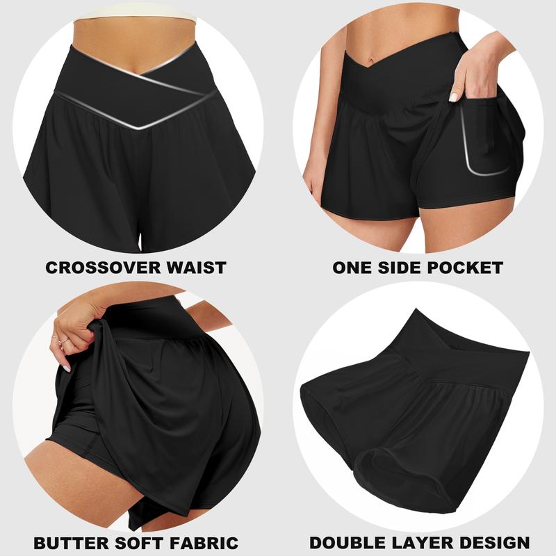 FireSwan Crossover Athletic Shorts for Women 2 in 1 Flowy Running Shorts with Pockets Spandex Butterfly Workout Tennis Skorts