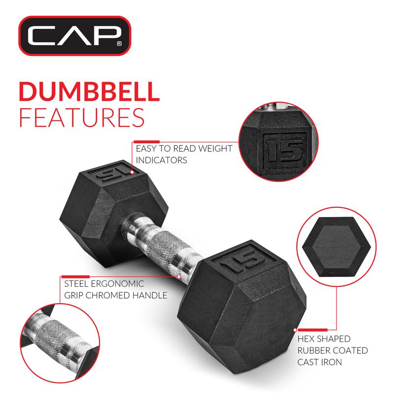 CAP Barbell, 15lb Coated Rubber Hex Dumbbell, Pair