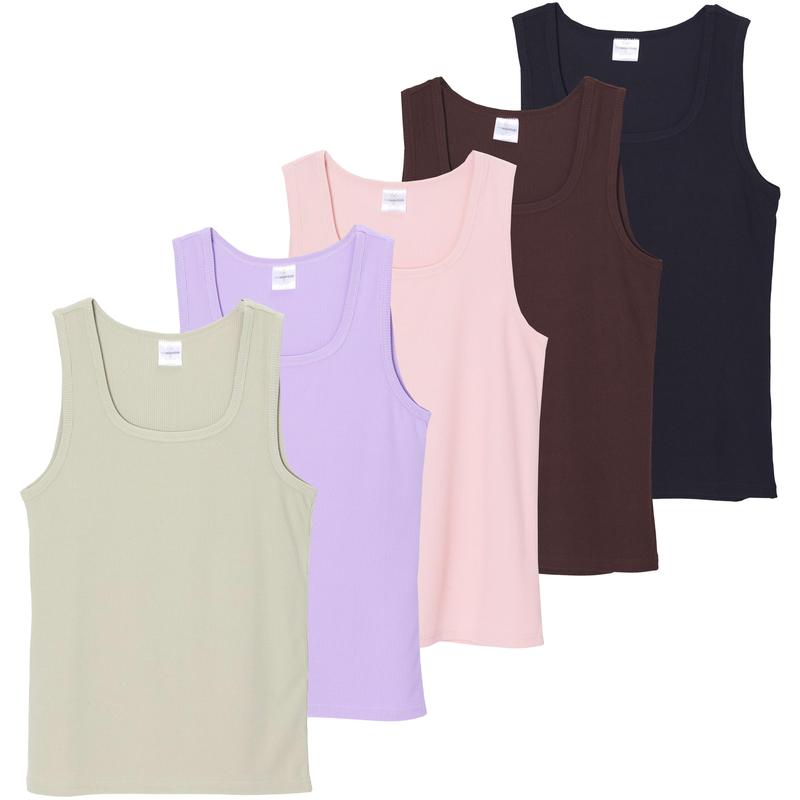 Real Essentials 5 Pack: Women's Ribbed Sleeveless Tank Top - Yoga Casual Tops