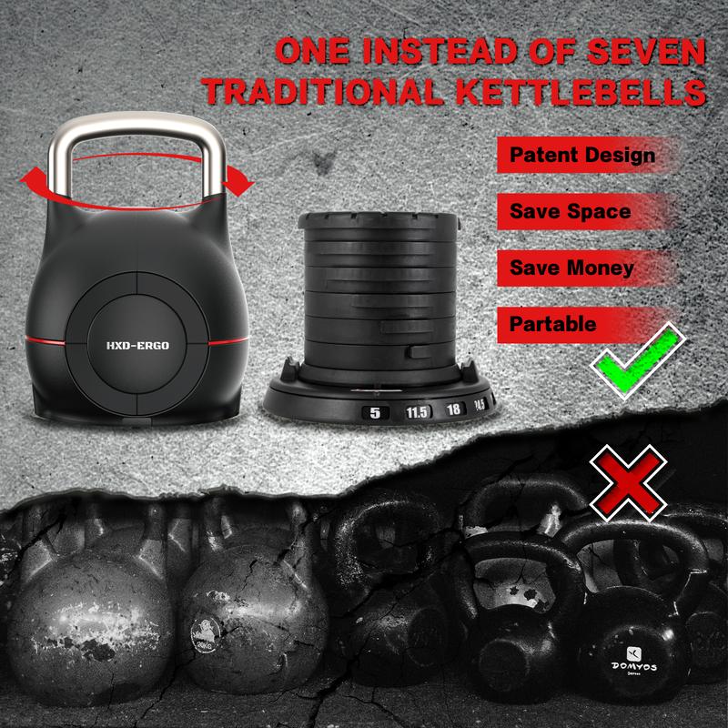 HXD-ERGO-Adjustable Kettlebell Weight Set - Quickly Adjusts 7 Weights (5lb-44lb) - Ergonomic Kettlebell Sets for Home Gym