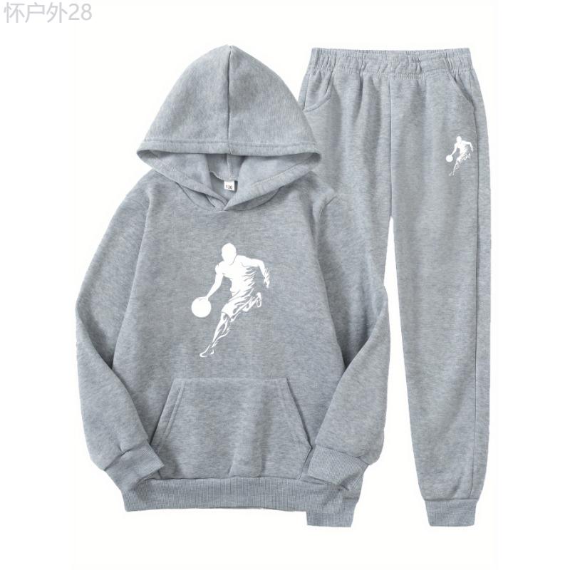 2pcs Boy's Basketball Player Print Hooded Outfit, Hoodie & Pants Set, Boys Clothes For Daily & Outdoor Wear, As Gift