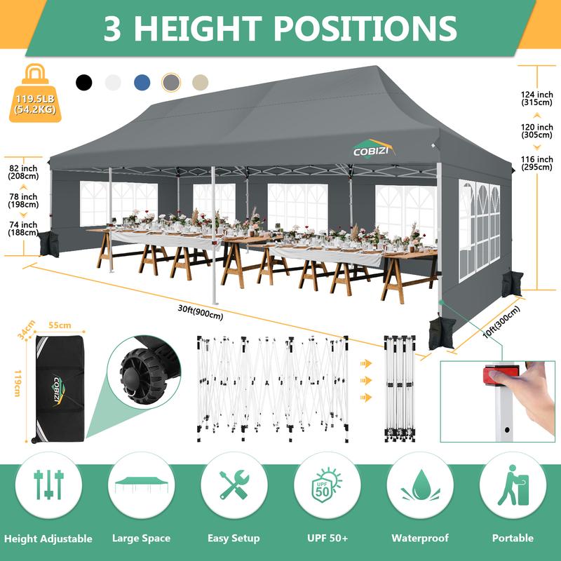 COBIZI 10x30 Pop Up Canopy Tent with 8 Removable Sidewalls Ez Pop Up Party Tent, Waterproof Instant Shelter UPF50+