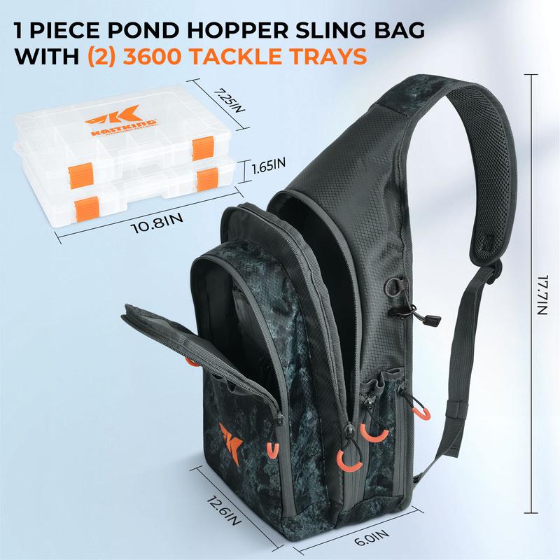 KastKing Pond Hopper Fishing Sling Tackle Storage Bag with （2） Tackle Boxes–Lightweight Sling Fishing Backpack-Sling Tool Bag for Fishing Hiking Hunting Camping,17.7X 12.6X 6 Inches