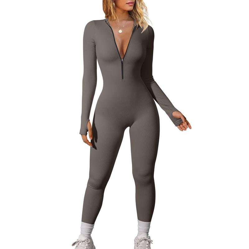 OYS Women's Long Sleeve Zipper Front Seamless Ribbed Stretch Yoga Sport Jumpsuits