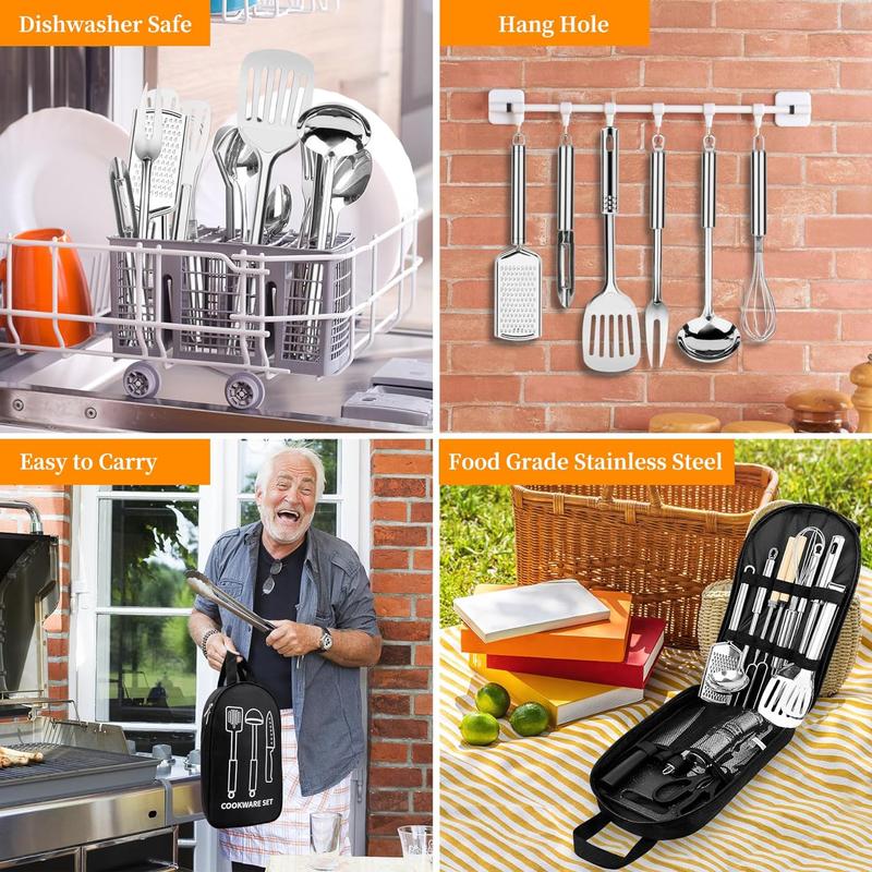 Camping Cooking Utensils Set, Stainless Steel Grill Tools, Camping BBQ Cookware Gear and Equipment for Travel Tenting RV Van Picnic Portable Kitchen Essentials Accessories - Black-28 PCS