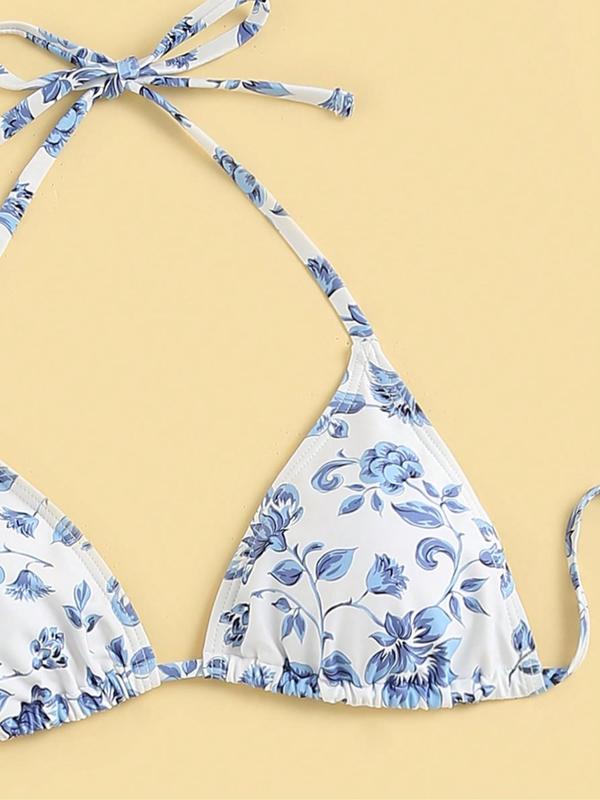 Three-Piece Set  Women's Floral Print Tie Back Halter Triangle Bikini Top & Swim Thong & Plain Asymmetrical Hem Knot Side Cover Up Skirt Bikini Set, Summer Swimsuit Sets, Bathing Suits 2024, Back-to-School Clothing