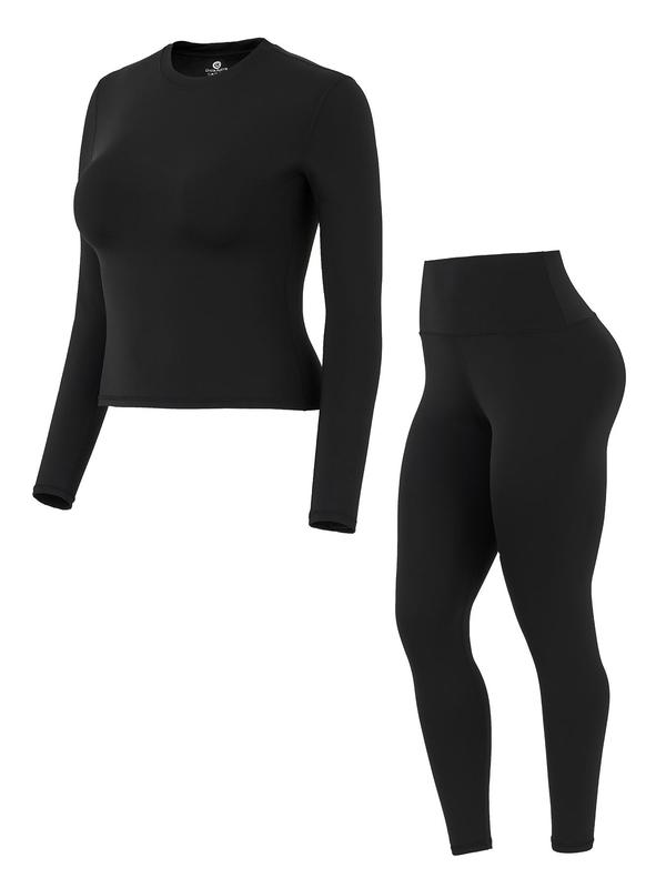 Women's Solid Long Sleeve Tee & High Waist Leggings Sportswear Set, Sporty Comfy Breathable Outfits for Yoga Gym Workout Running, Ladies Sportswear for All Seasons