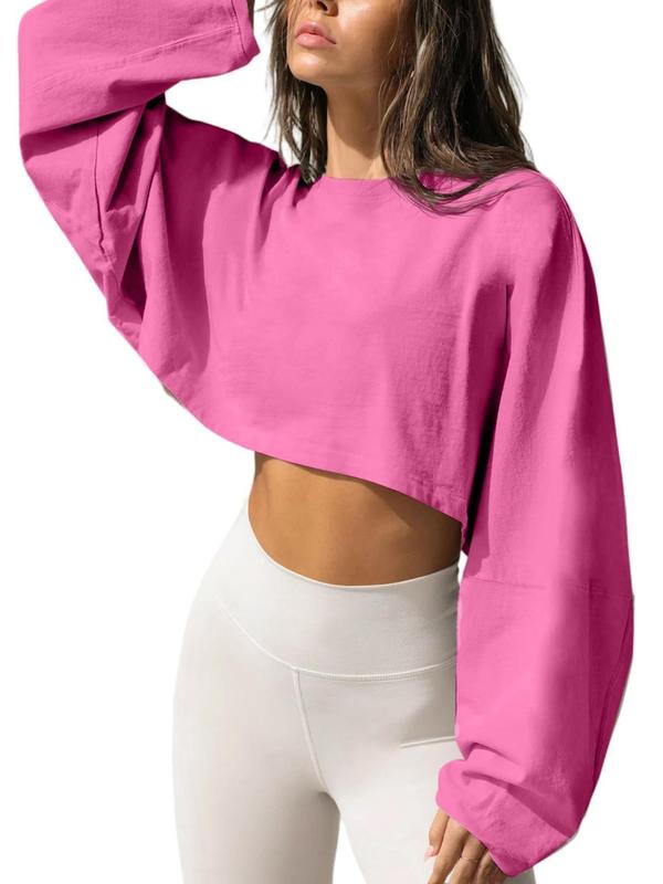 Women's Solid Batwing Sleeve Crop Sports Tee, Sporty Long Sleeve Round Neck Cropped Top for Spring & Fall, Ladies Sportswear for Daily Wear