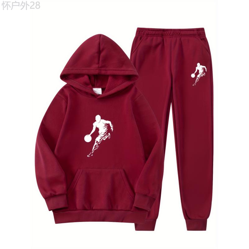 2pcs Boy's Basketball Player Print Hooded Outfit, Hoodie & Pants Set, Boys Clothes For Daily & Outdoor Wear, As Gift