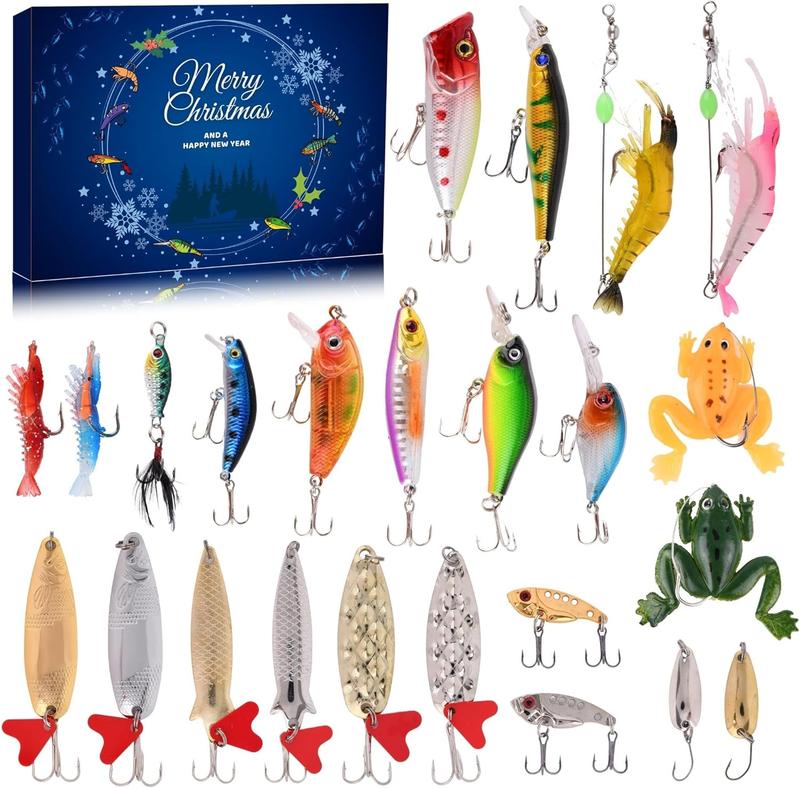 Fishing Lures 24 PCS Advent Calendar Fishing Christmas Countdown - 24 Days Fishing Lures Set for Fisher Adult Men Teen Boys - 2024 Xmas Surprise Gift