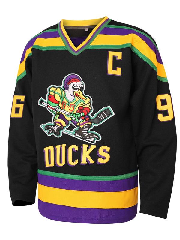 Men's Cartoon Duck & Letter Patched Sports Ice Hockey Jersey, Vintage Loose V Neck Long Sleeve Sports Sweatshirt, Casual Sportswear for Training