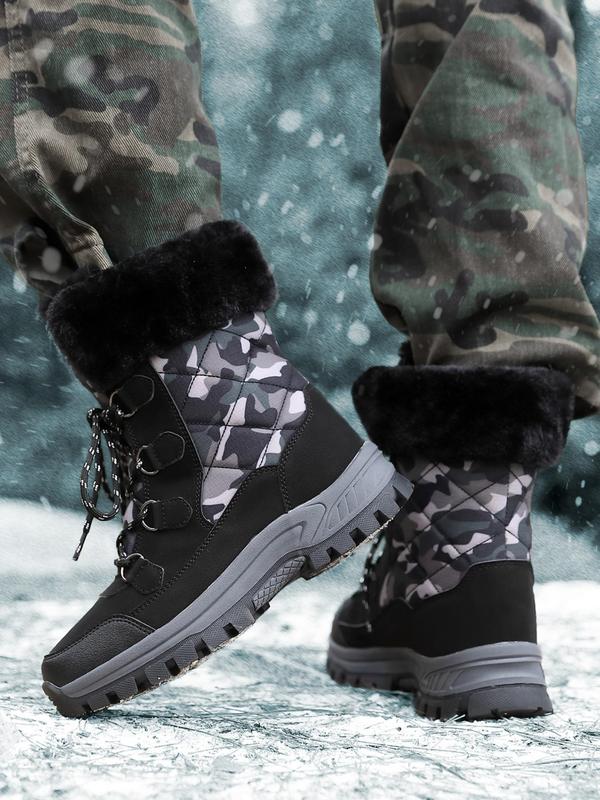 Women's Camo Patchwork Print Letter Patched Lace Up Hiking Shoes, Sporty Comfortable Warm Non-slip Snow Boots for Winter, Outdoor Sports Footwear for Women