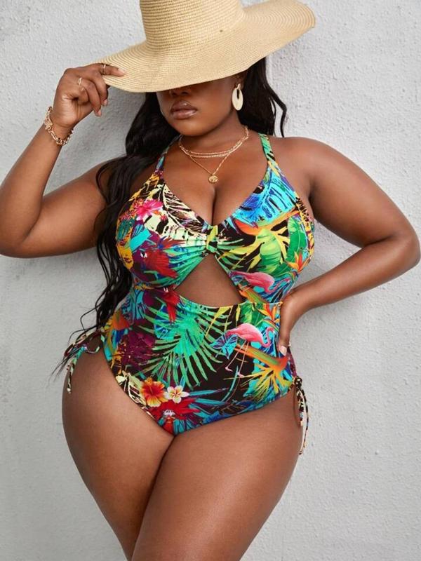  Tropical Print Criss Cross Cut Out One-piece Swimsuit, Swimsuit for Women, Boho Tie Side Sleeveless Swimwear for Beach Holiday Vacation, Women's Curvy Swimwear for Summer