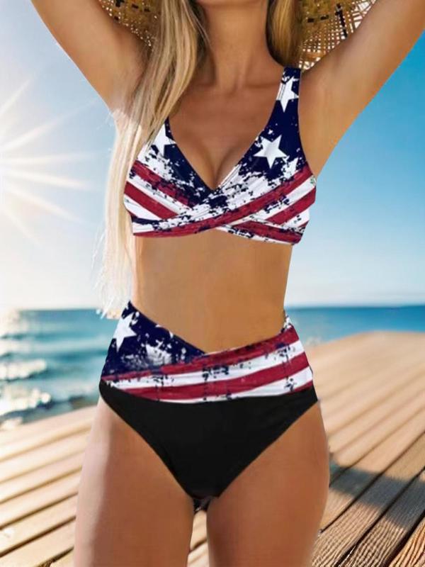 Women's Star & Flag Print Wrap Bikini Set, Casual Deep V Neck Lace Up Swim Top & High Waist Swim Bottom, Summer Swimsuit for Beach Holiday Vacation