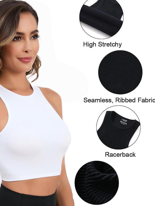 Women's Solid Round Neck Crop Sports Vest, Casual Comfy Breathable Sleeveless Cropped Top for Yoga Gym Workout Running, Ladies Sportswear Clothing for All Seasons, Summer Outfits, Basic Minimalist Womenswear