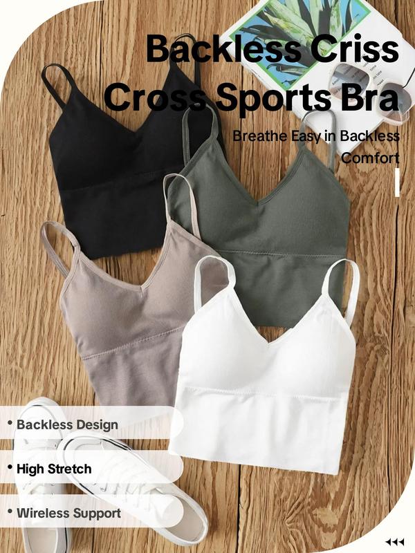 Women's Plain Criss Cross Backless Sports Bra, Comfy Breathable Sports Cami Top, Sports Bras, Women's Sport & Outdoor Clothes