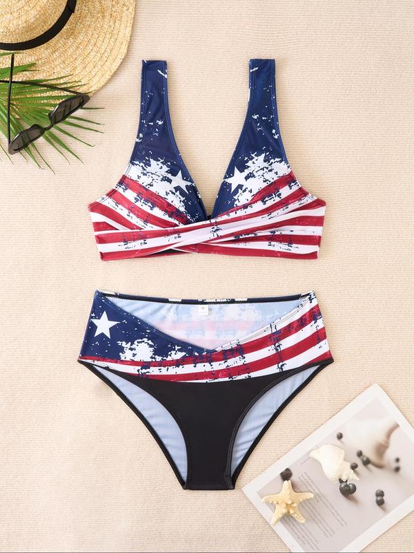 Women's Star & Flag Print Wrap Bikini Set, Casual Deep V Neck Lace Up Swim Top & High Waist Swim Bottom, Summer Swimsuit for Beach Holiday Vacation