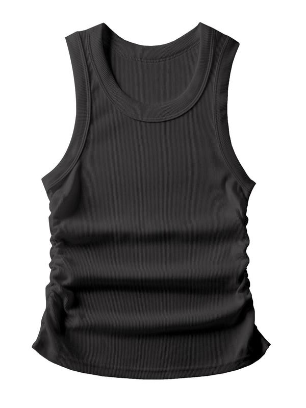 Women's Solid Ruched Round Neck Sports Tank Top, Sporty Breathable Comfortable Sleeveless Vest, Ladies Sportswear for Gym Fitness, Fall Outfits, Fallfreshness