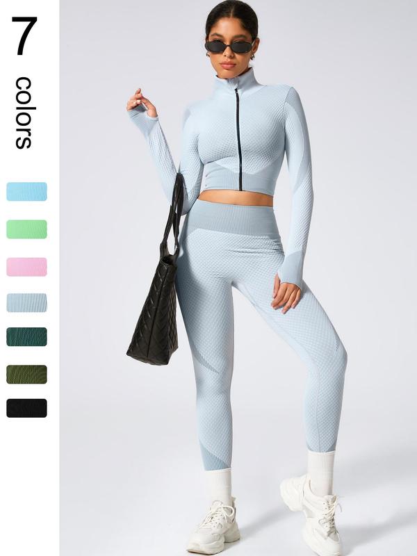 2 Counts Women's Solid Zip Up Tracksuit Set, Sporty Thumb Holes Fitness Crop Top & High Waist Leggings, Summer Gym Sportswear, Tracksuit for Women, Two Piece Sets Tracksuits, Gym Clothes Set, Matching Sets, Please Purchase A Size Up