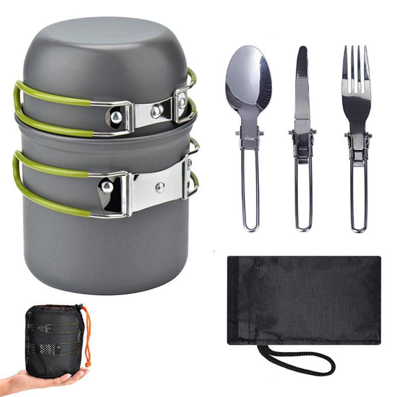 Portable Camping Pot Kit, 1 Set Outdoor Camping Kitchenware With Spoon & Fork & Cutlery & Storage Bag, Camping Kitchenware For 1-2 People