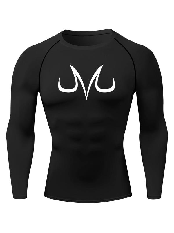 Men's Letter Print Round Neck Sports Tee, Quick Drying Long Sleeve Crew Neck T-shirt for Gym Workout Running, Casual Sporty Top for Fall & Winter