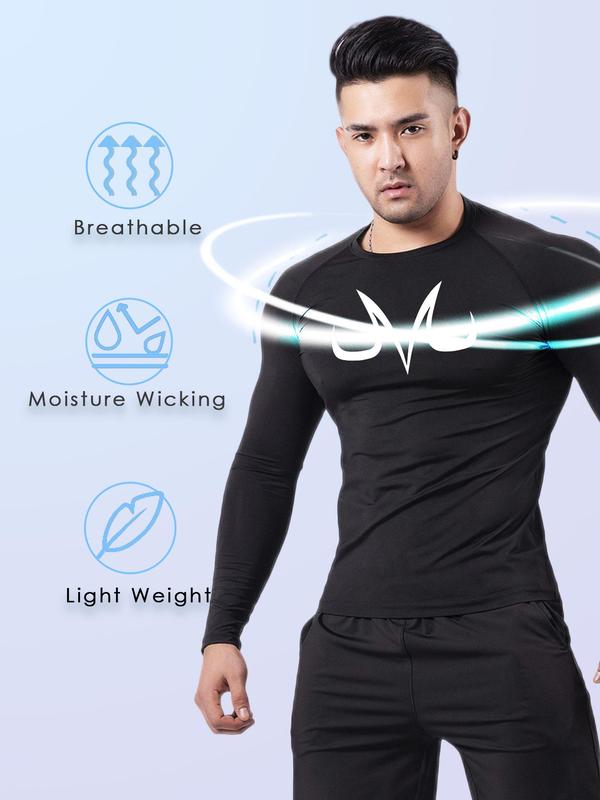 Men's Letter Print Round Neck Sports Tee, Quick Drying Long Sleeve Crew Neck T-shirt for Gym Workout Running, Casual Sporty Top for Fall & Winter