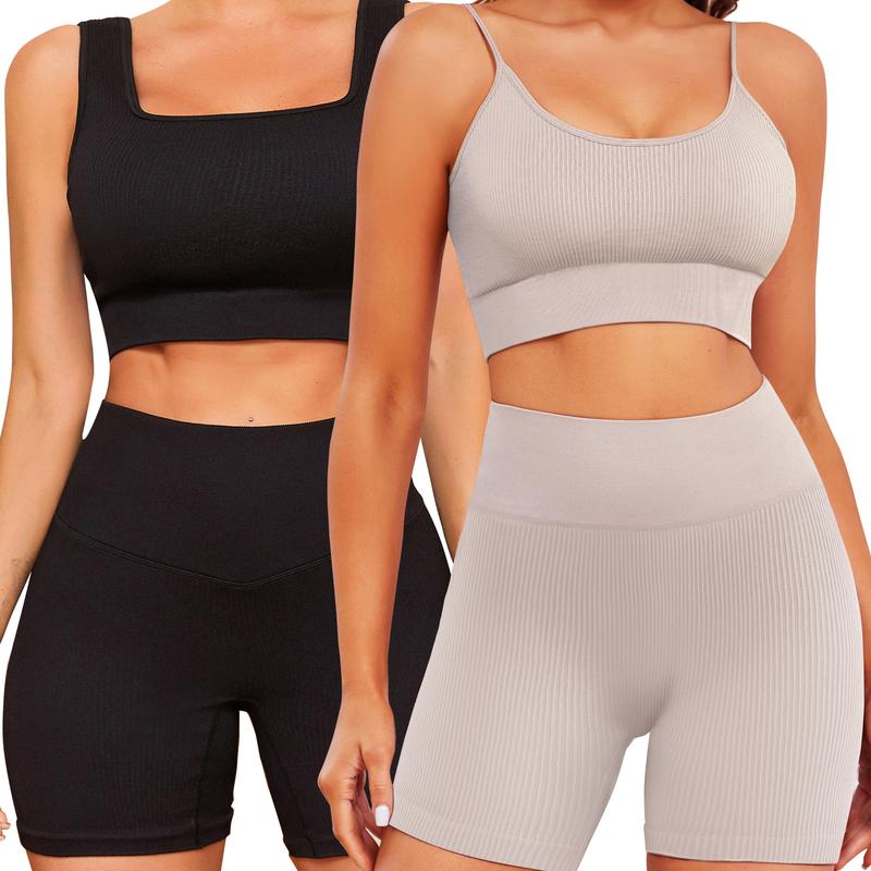 FINETOO 4pcs Workout Sets for Women Ribbed Crop Tank Shorts Active Gym Exercise High Waisted Sports Yoga Outfit Fashion ootd Women Comfortable Set XS-L