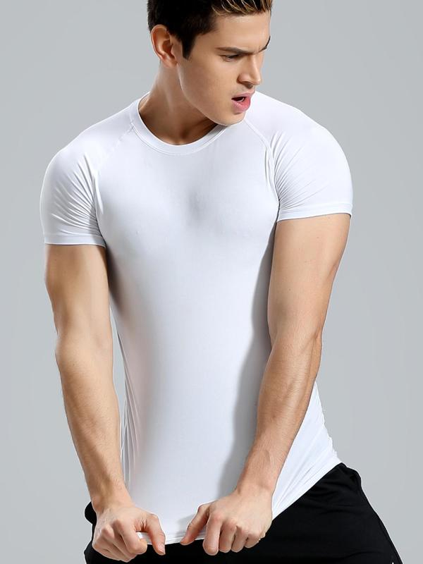 Men's Plain Round Neck Sports Tee, Quick Drying Breathable T-shirt, Summer Sportswear Clothing for Gym Workout Running