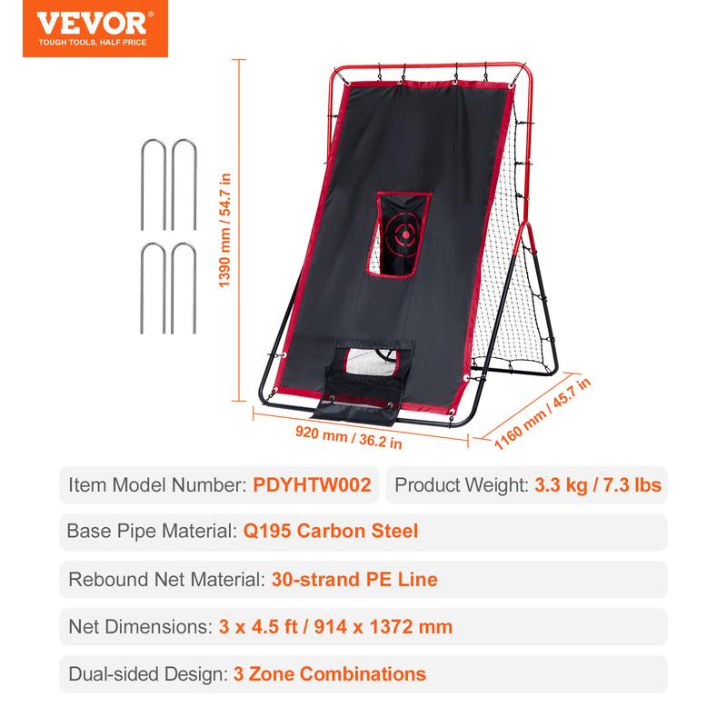 VEVOR Baseball And Softball Rebounder Net, 3.5 x 4.5 ft 2-in-1 Switch Hitter Pitch Trainer, PitchBack Baseball Pitching Return Trainer Nest, Bounce Back Net for Fielding Throwing Practice