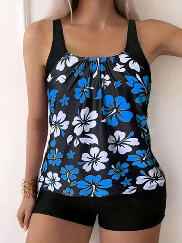 Women's Floral Print Backless Tankini Set, Adjustable Strap Square Neck Swim Top & Elastic Waist Swim Shorts, Ladies Swimsuit for Beach Holiday Vacation