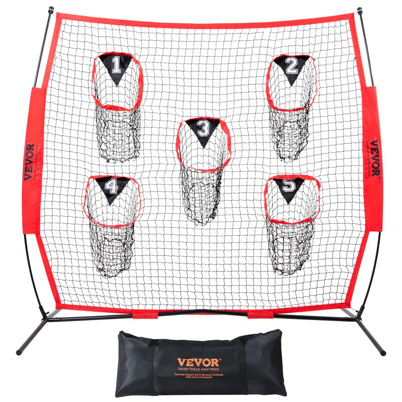 VEVOR 7 x 7 ft Football Trainer Throwing Net, Training Throwing Target Practice Net with 5 Target Pockets, Knotless Net Includes Bow Frame and Portable Carry Case, Improve QB Throwing Accuracy, Red