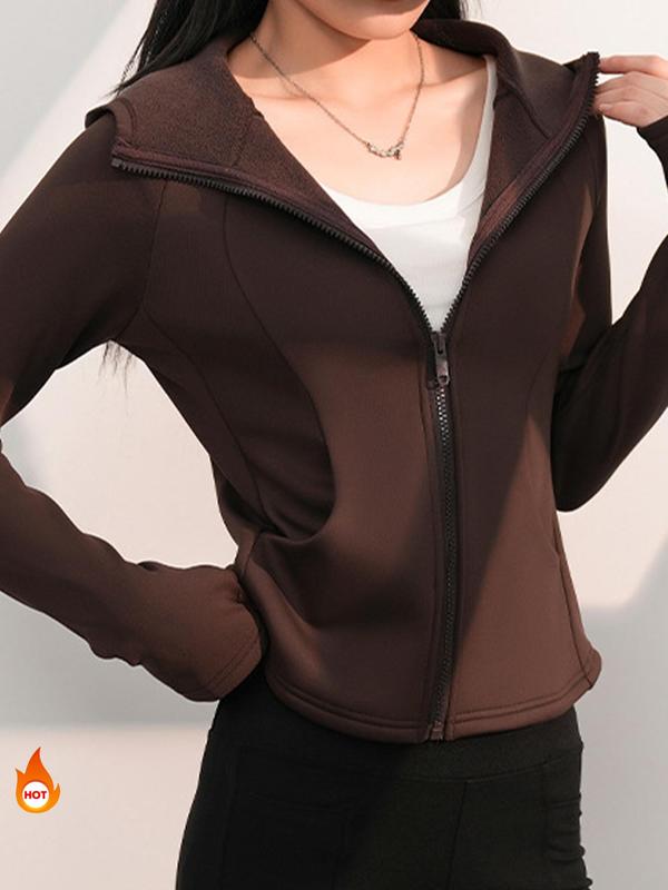 Women's Solid Zip Up Hooded Sports Jacket, Casual Long Sleeve Pocket Zipper Outerwear for Yoga Gym Workout, Ladies Sportswear for Fall & Winter