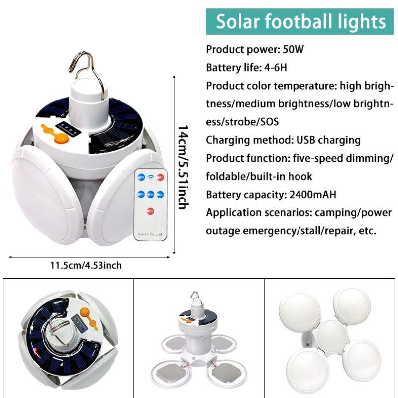 Solar Powered Football Shaped Light, Portable USB Rechargeable LED Bulb Light, 5-sided Luminous Camping Emergency Light for Camping Hiking Fishing